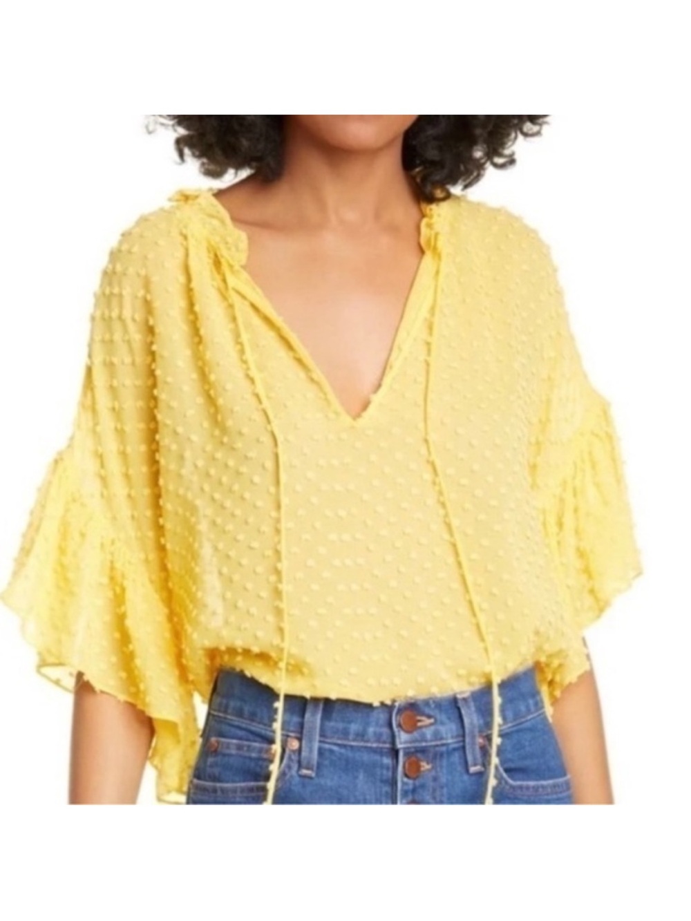 alice + olivia xs julius top Yellow Swiss Dot V-Neck Peasant Top exclnt con